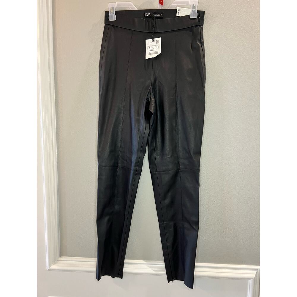 ZARA NWT High Rise Faux Leather Leggings Size S Black Ankle Zip Raw Hem Lined